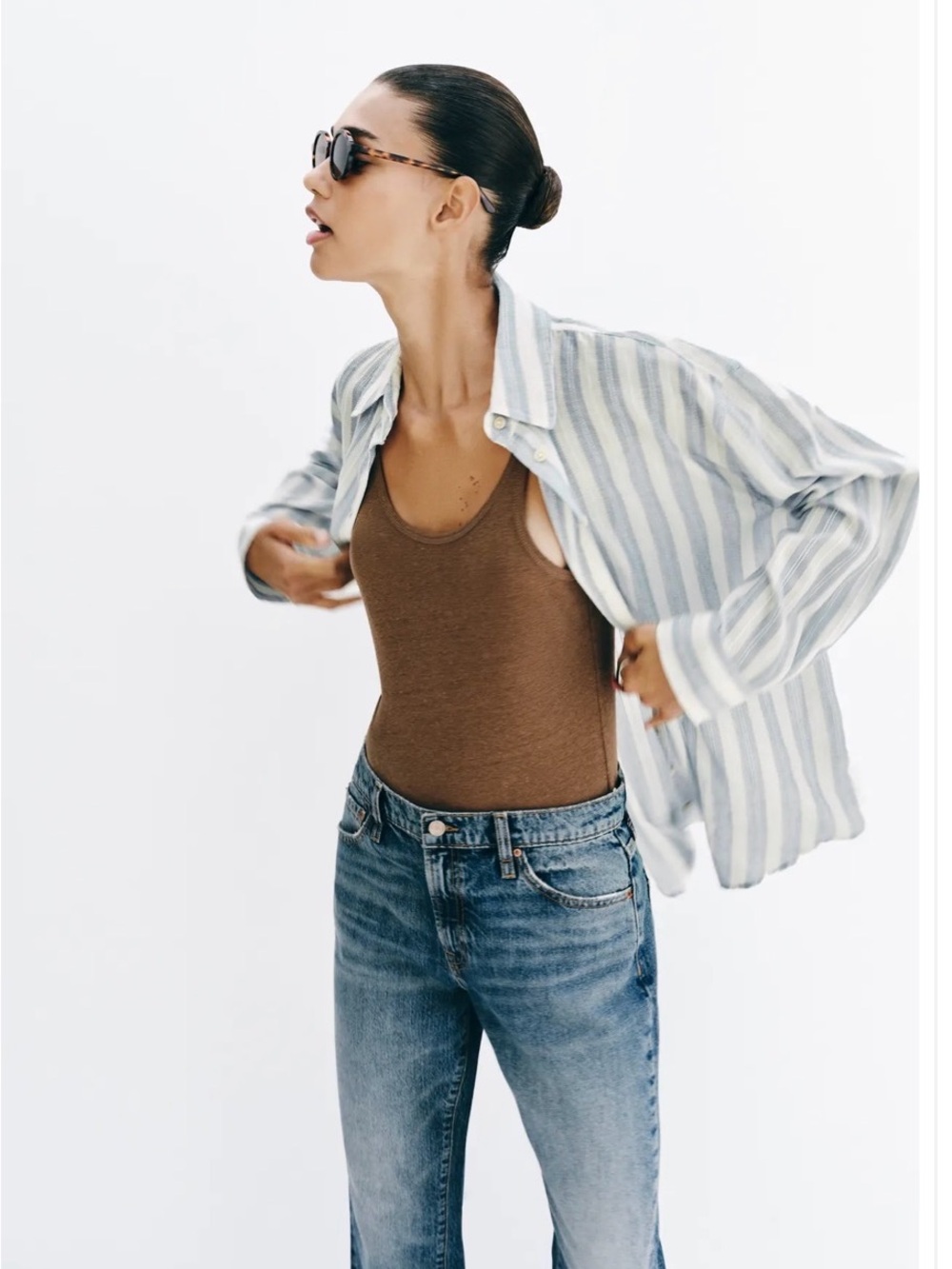ZARA Striped Linen-Blend Button-Up Shirt in Light Blue & White - Picture 2 of 7